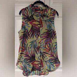 Women's Attention Multicolored Botanical Sheer Sleeveless Button-Down Blouse